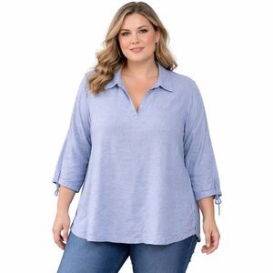 Isaac Mizrahi New York Tunic Blouse Womens XL Blue Linen Collared Long Sleeve